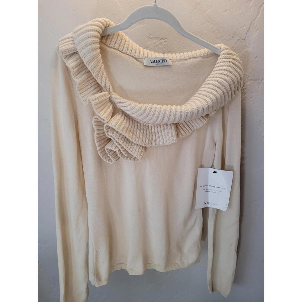 Valentino Women's Sweater Ruffled Long Sleeve, Round Neck, Cream